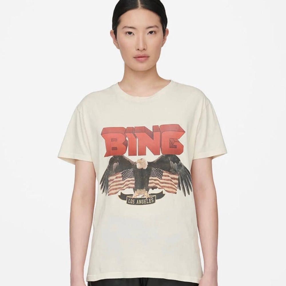 Anine Bing Off-White Graphic Tee with Red Accents